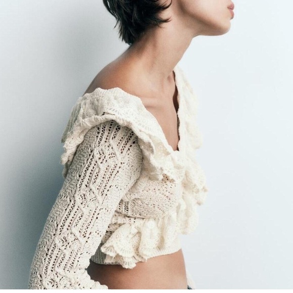 ZARA CROCHET lace RUFFLEd SWEATER sz M medium cream - Picture 3 of 9